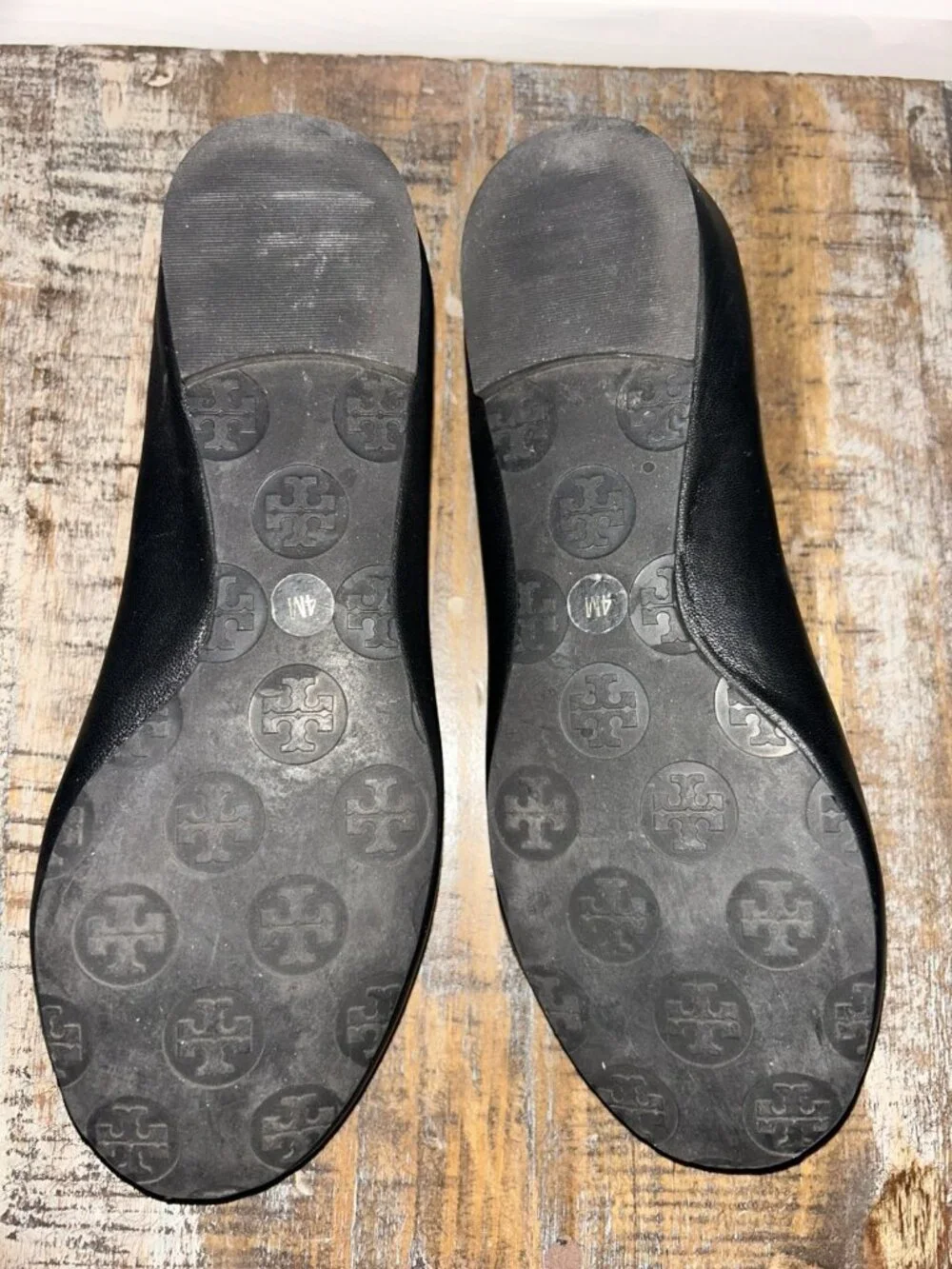 Tory Burch Sz 4M Womens Reva Ballet Flats Black Leather Silver Tone Logo